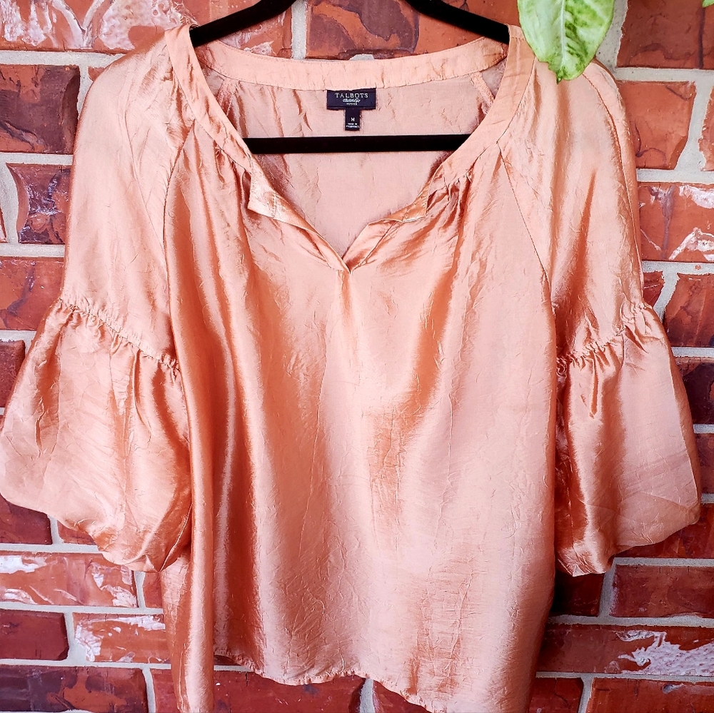 Talbot's Rose Gold Lightweight Silk Blend Baloon Sleeve Blouse Size Petite Med